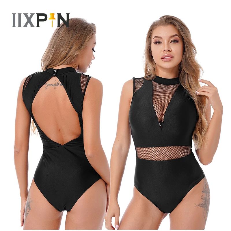 

Womens Ballet Leotard Sleeveless Sheer Mesh Patchwork Backless Dance Leotard Bodysuit Gymnastics Training Costume Ballerina Wear