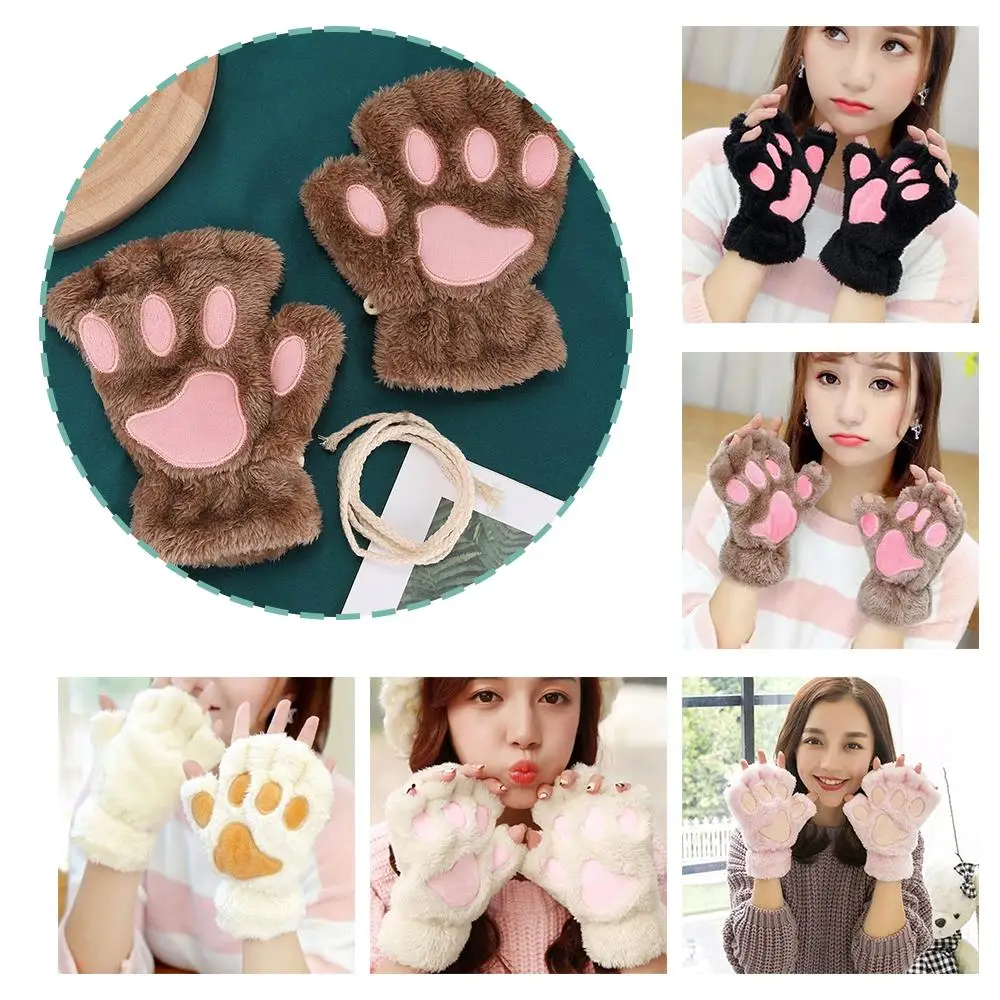 

Women Cartoon Cute Cat Claw Paw Gloves Thickened Plush Cat Gloves Gloves Fluffy Fingerless Warmth Girls Bear Short Gift Sof A3V5