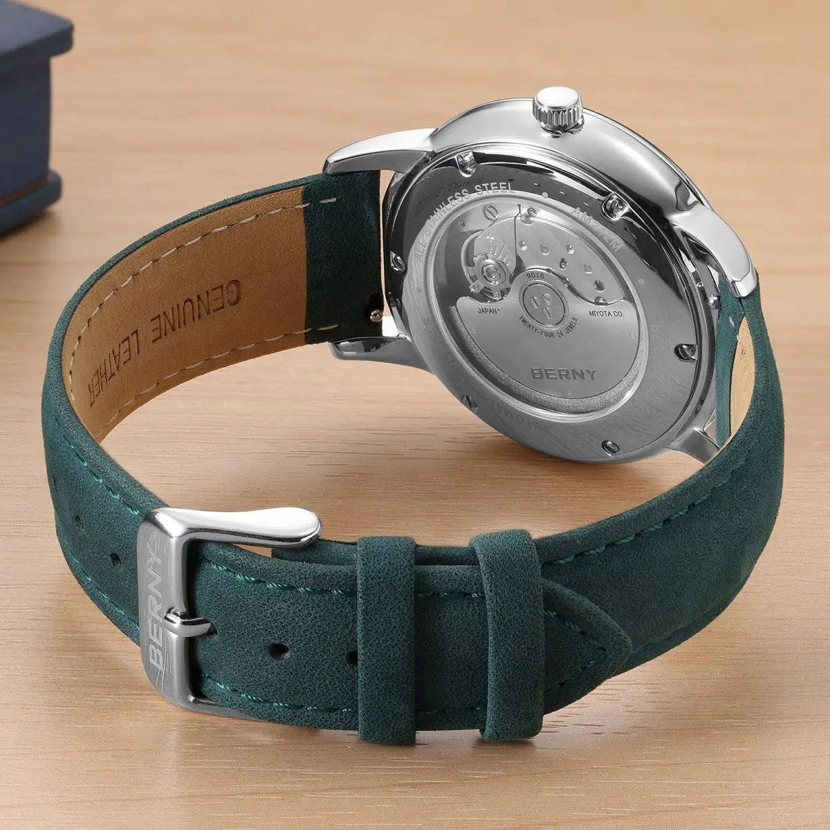 BERNY Men Mechanical Watch Starlight Luminous Watches Calendar 5ATM Waterproof Miyota 9015 Succinct Suede Leather Men Wristwatch