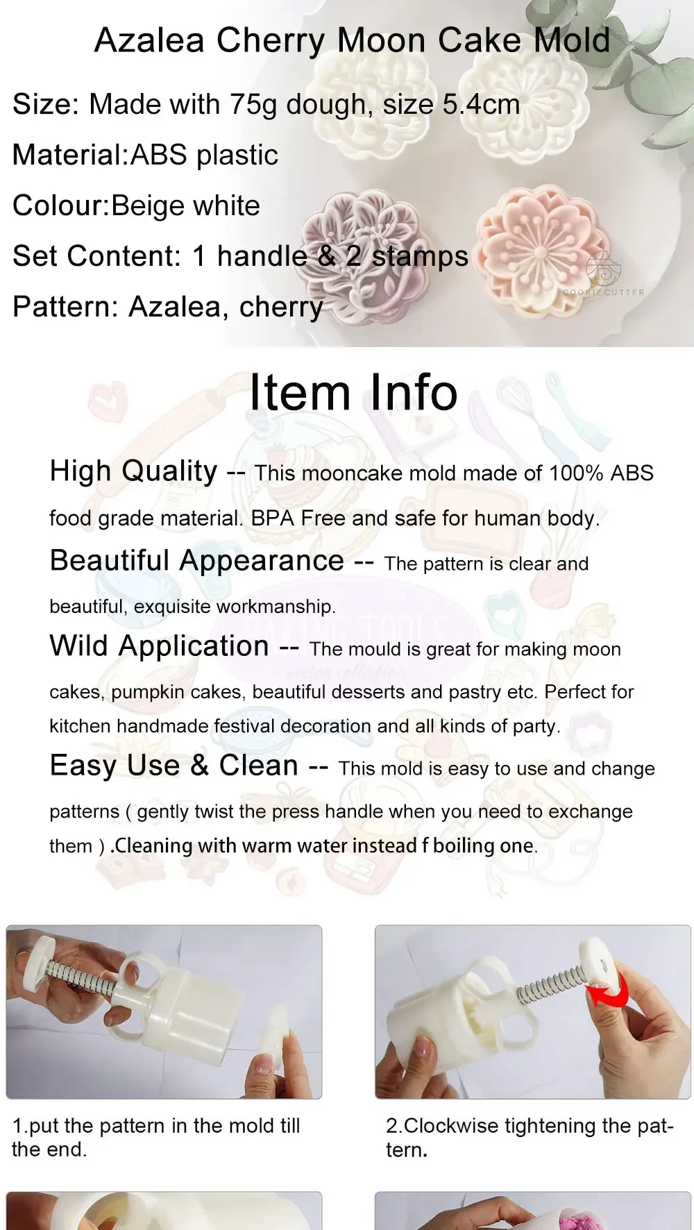 Description Picture 2 of item2pcs/Set 75g Azalea Blossom Mooncake Mold Cookie Cutter Cherry Stamp Mid-Autumn Festival Pastry Dessert Baking Accessories Tools