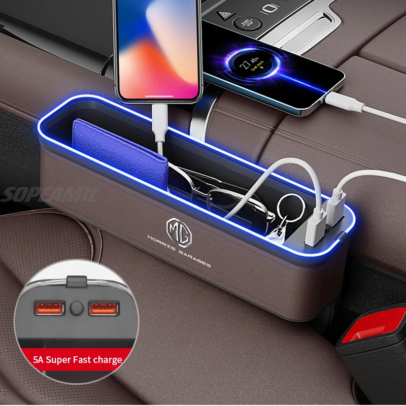Car Seat Crevice Storage Box USB Charging Seat Gap Slot Mood lamp For MG ZS HS ES5 MG4 EV Electric S5 EV MG3 MG5 MG6 MG7 ONE EZS 3