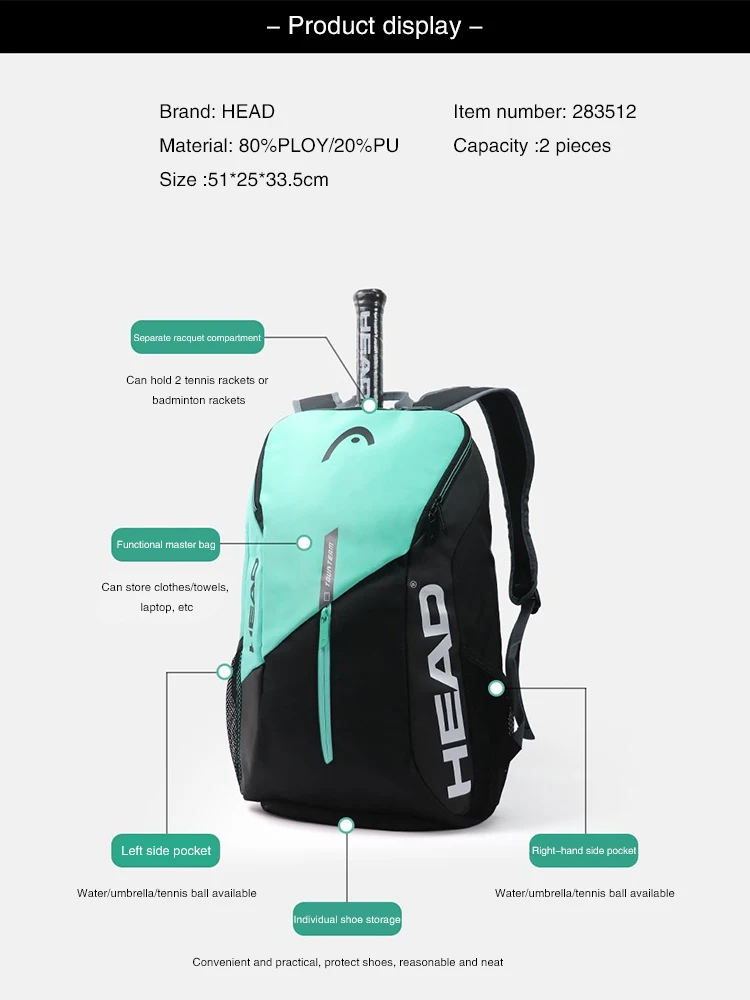HEAD Tennis Backpack Outdoor Sport Bag Tennis Bag Badminton Gymbag Backpack Original Tennis Backpack With Separated Shoe Bag 2