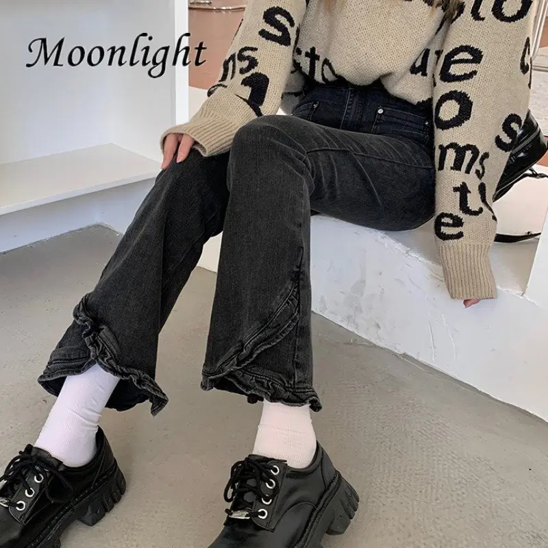 Harajuku Y2K Sweet Ruffles Jeans Women Vintage Gothic Chic High Waist Slim Flare Pants Korean Fashion New Designer Denim Trouser