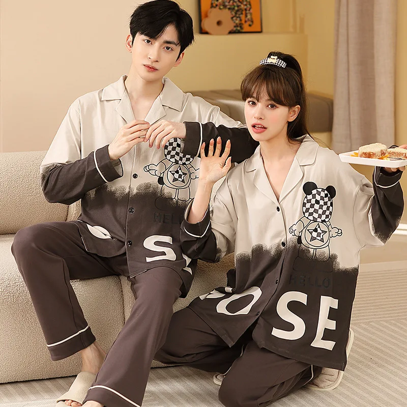 Youth Couple's Pajamas Spring Cotton Cartoon Cute Men and Women Matching Lounge Wear Lapel Sweet Print Pjs pijama mujer hombre