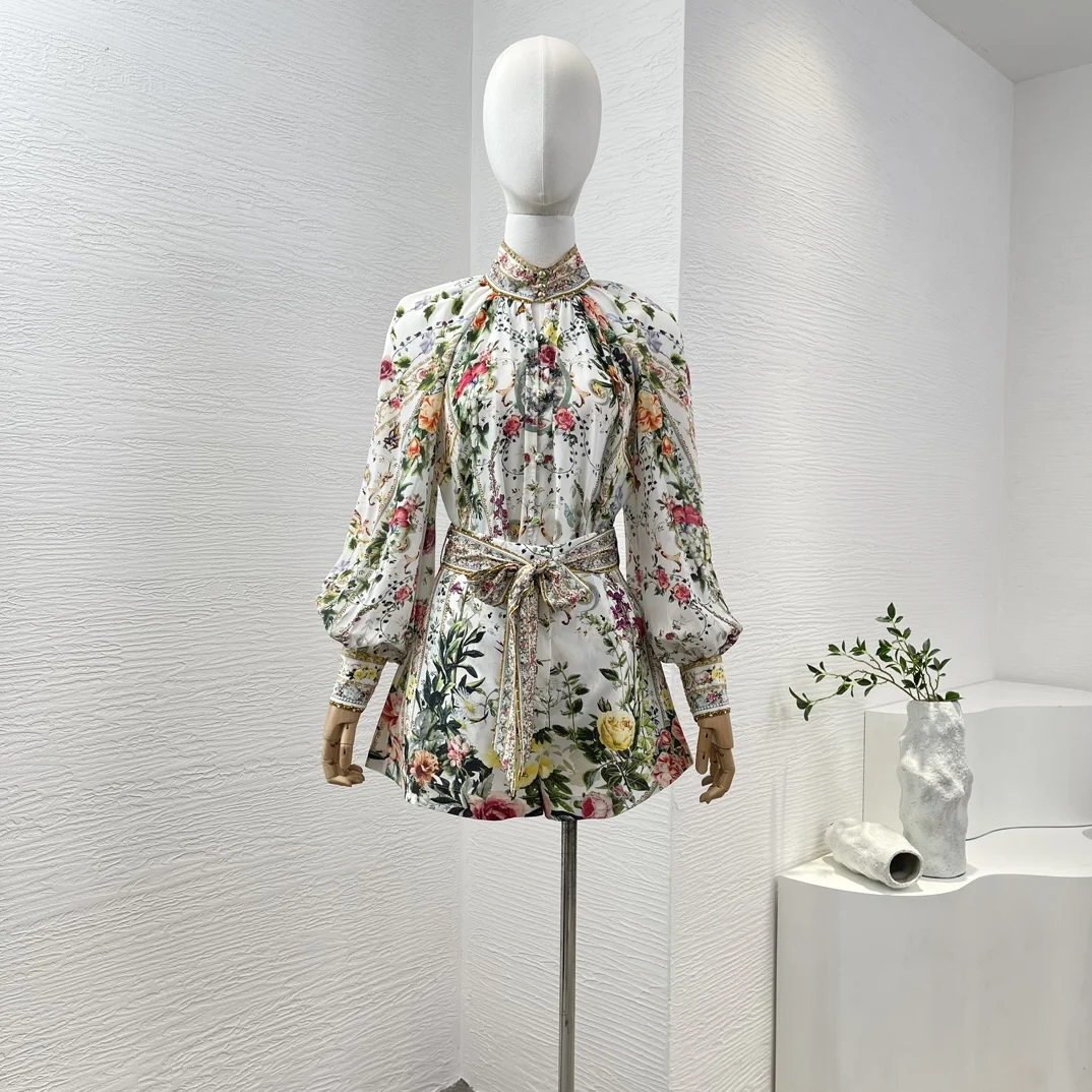 2024 High Quality Spring Summer Silk Green Long Lantern Sleeve Floral Print Diamonds Blouse Tops and Shorts Set for Holiday
