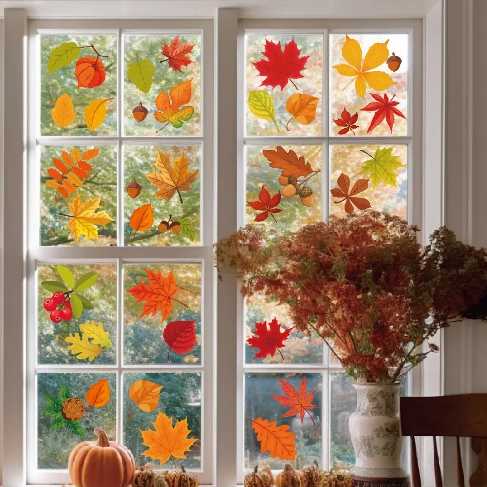 Description Picture 6 of itemThanksgiving Fall Leaves Window Clings Windows Doors Decorated With Maple Leaves Thanksgiving Glass Stickers Autumn Decoration