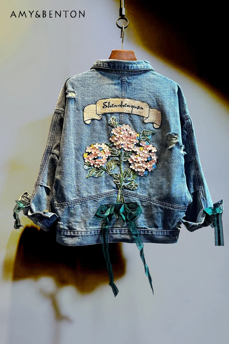 Autumn Winter New Korean Style Embroidered Denim Jacket Women Loose Short Machine Embroidery Jean Jacket Women Casaco Feminino