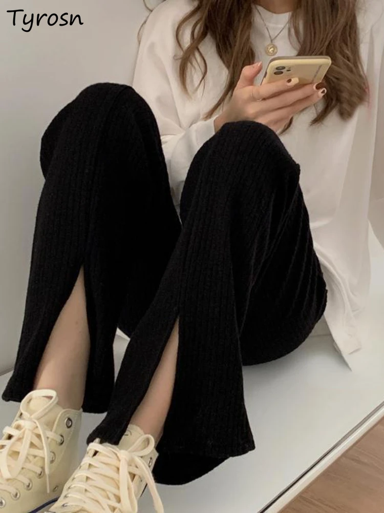 

Pants Women Simple Solid Design Slit Fashion Students Straight Leisure High Waist All-match Elegant Tender Summer Korean Style