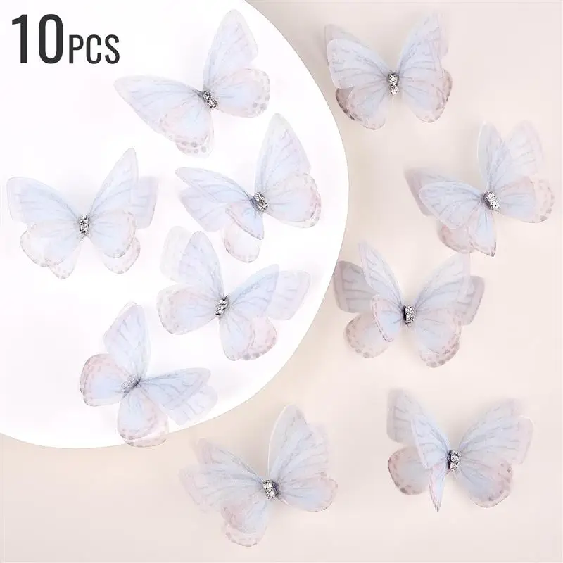 Set of 10 Elegant 5cm Double Sweet Butterfly 3D Mesh Appliqué Patches for Nail Art, Hair Accessories, and Wedding Décor