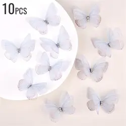Set of 10 Elegant 5cm Double Sweet Butterfly 3D Mesh Appliqué Patches for Nail Art, Hair Accessories, and Wedding Décor (Light blue - 10pcs)