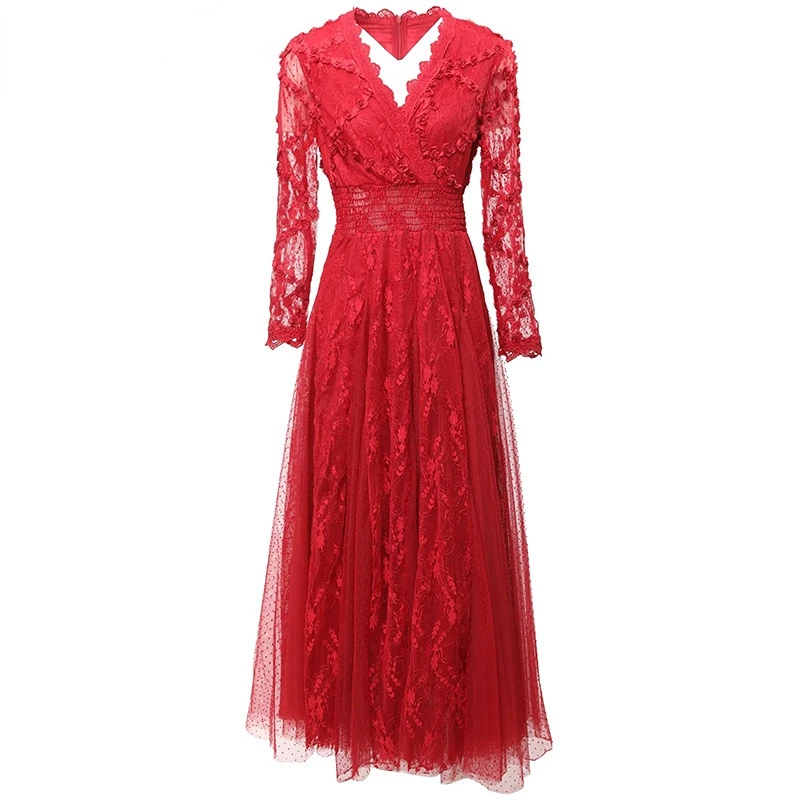 

Dresses For Women 2023 Runway Luxury Brand Elegant Spring Appliques V-Neck Long Sleeve Mesh Embroidery lace Elastic-waist Dress