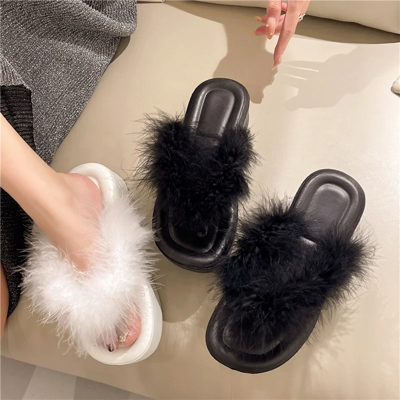 Scarpe Da Spiaggia Pantofole Da Donna Infradito In Pelliccia Slipers Donna Femminile Tap Heeled Mules Platform Sabot Plush 2023 Hawaiian High Summer