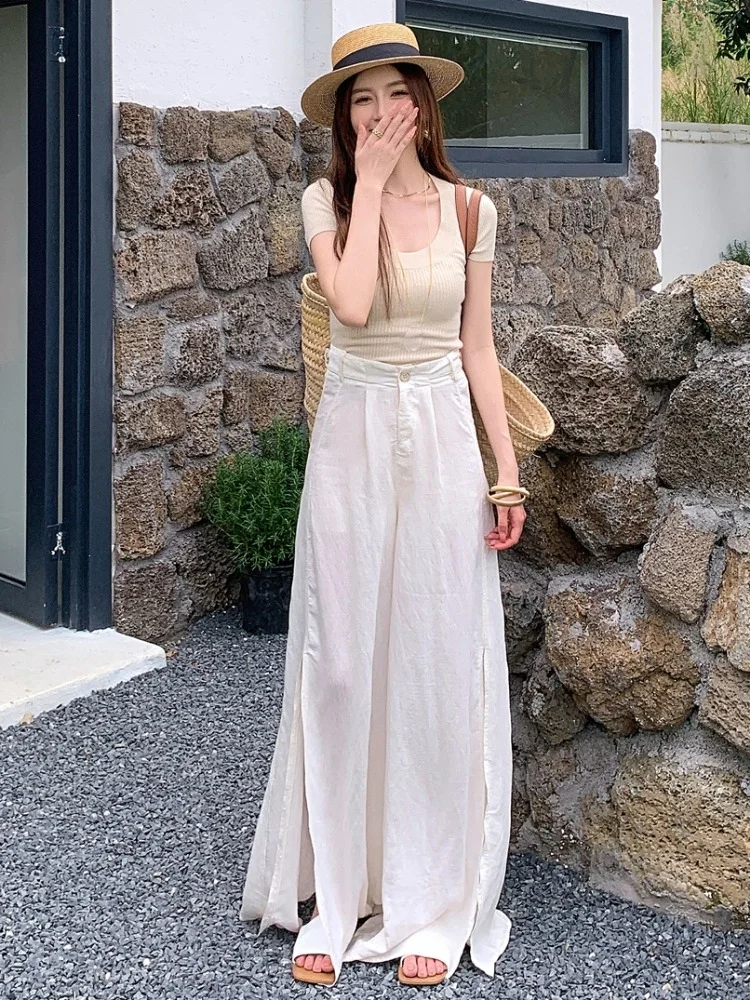 ADAgirl Elegant Wide Leg Pants Women High Waisted Side Split Floor Length Trousers Vintage Summer Casual Fashion Baggy Pants New