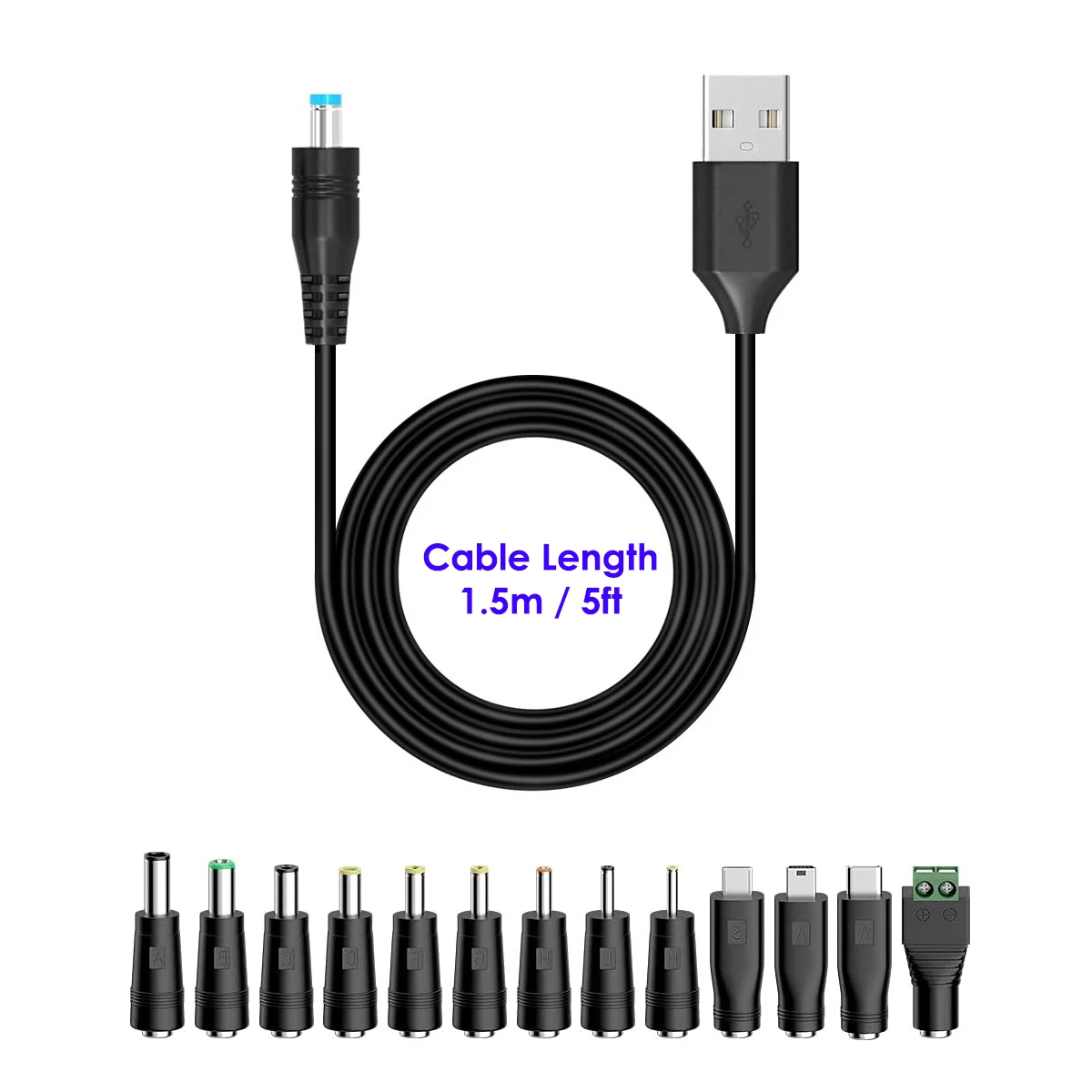 Universal USB Charging Cable with Versatile DC Plug Adapters, 1.5m/5ft