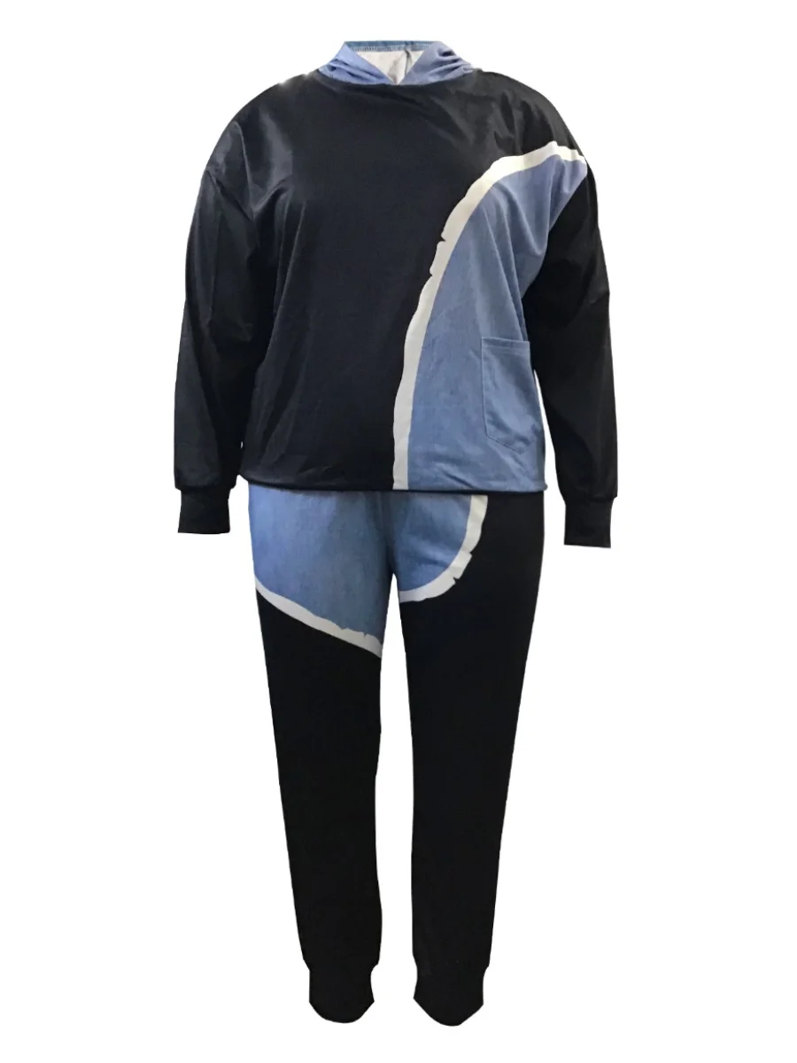 LW Plus Size women Tracksuits sets Hooded Collar Patchwork Tracksuit Set Autumn Winter Pullover Sweatshirts Pants 2 Piece Set