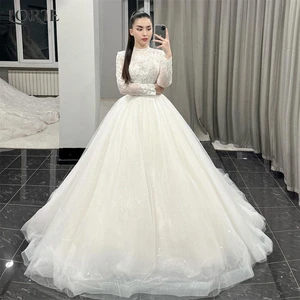 LORIE Glitter Lace Wedding Dresses High Neck A-Line Sparkly Appliqes Sleeves Bridal Gowns A-Line Brush Train Princess Bride Gown