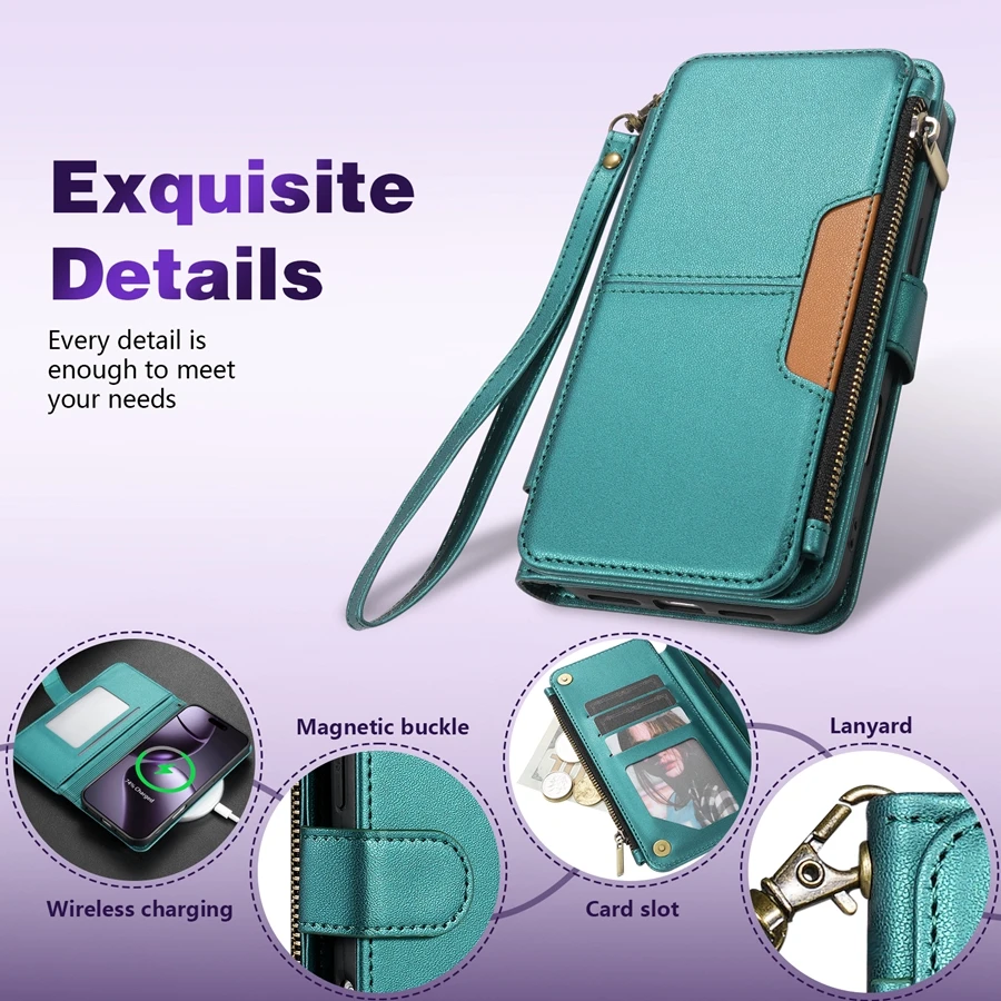 Luxury Leather Wallet Case with Multi-card Slots and Zippered Kickstand