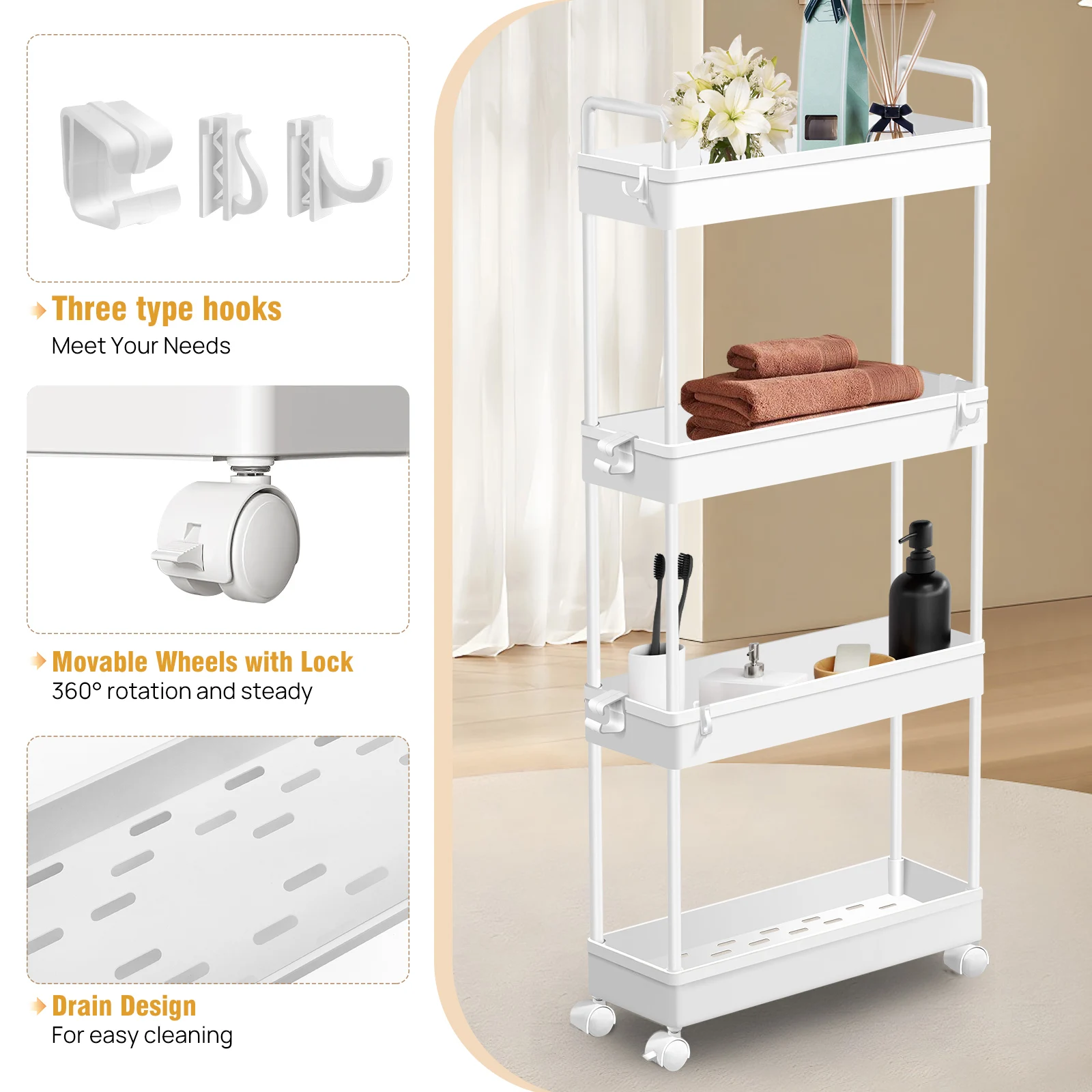 DayPlus 4-Tier Storage Rack Trolley Cart Slide-out Rolling Utility Cart Mobile Shelving Organizer for Kitchen, Bathroom, Bedroom: 3 - 5 Days Free Delivery Only UK
