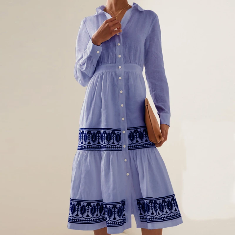 

Retro Pattern Print Patchwork Cotton Dress Women Spring Single Breasted Lapel Shirts Dress Autumn Long Sleeve Pleated Maxi Dress