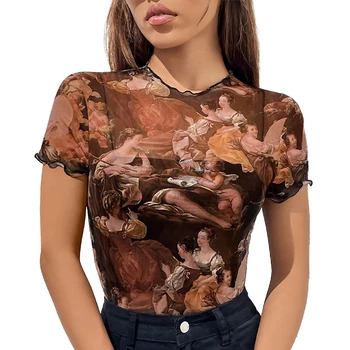 Summer Y2k Women's Angel Print Mesh Short Sleeve Crop Top Mock Neck Slim T-Shirt Lettuce Trim Sheer Going Out Tops Streetwear 1