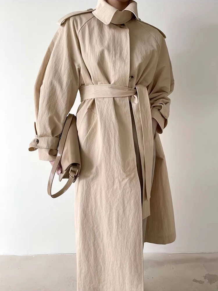 

SuperAen 2024 Korean Chic Spring New Vintage Style Flip Collar Lace Up Waist Long Windbreaker Coat for Women