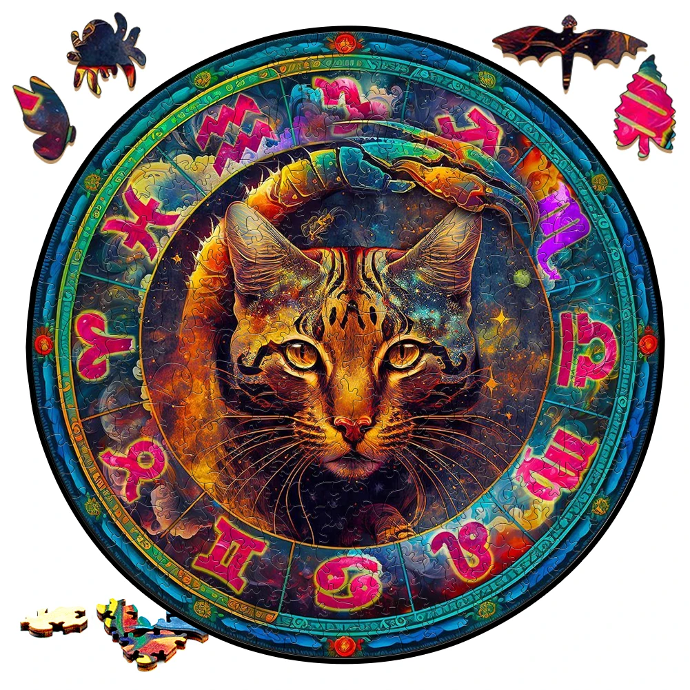 

Creative Wooden Jigsaw Puzzle Board Games Animal Scorpio Cat Round Shaped Wood Puzzles Toys Secret Puzzle Box Package Best Gift