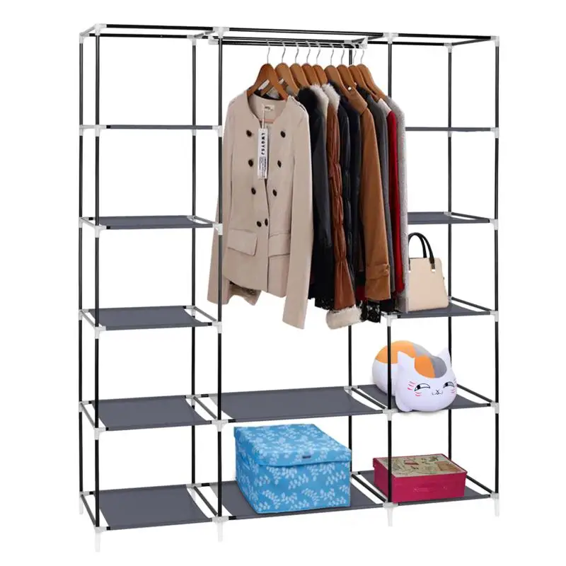 Foldable Wardrobe Clothes Storage Organizer Rental Room Bedroom Double Rod Closet Living Room Home Furniture