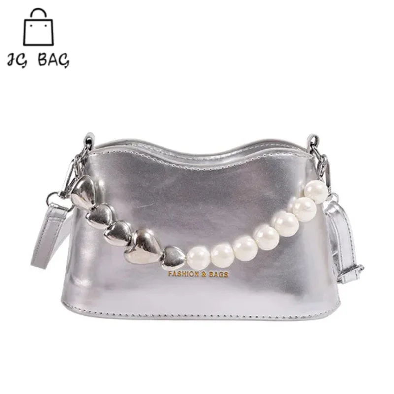 

TexTure Pearl top-handle bags Chain Fashionable Handba New Trendy And MiniMalist Forein Style Patent Leather Lossy Shoulder