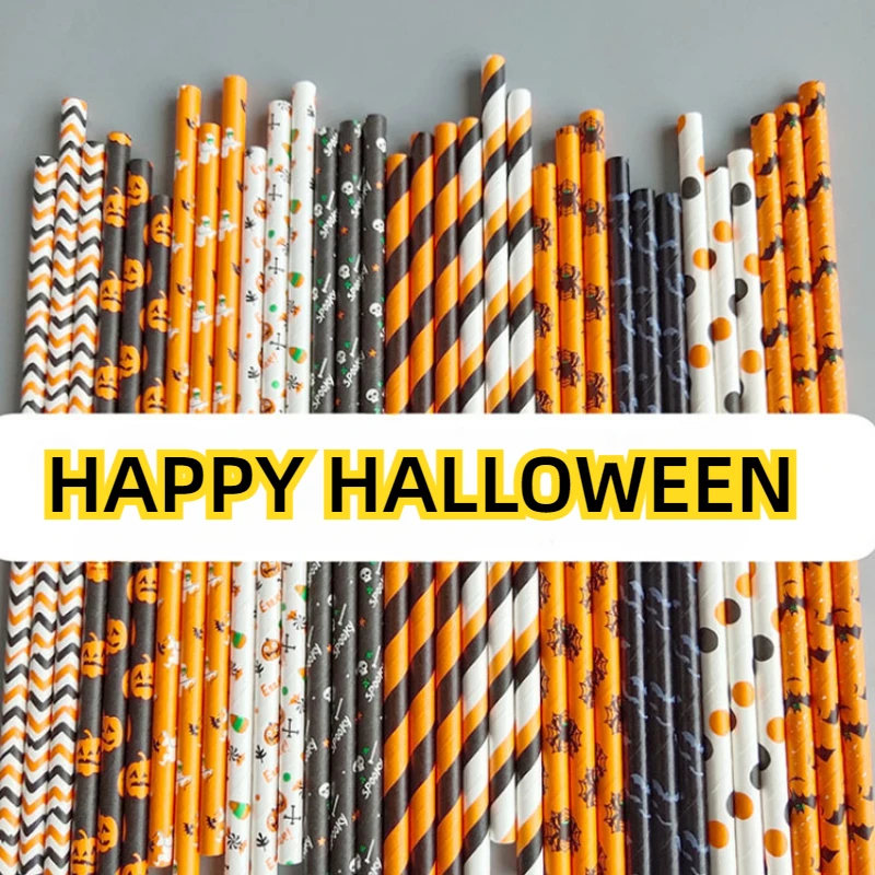 50/100 Pcs Halloween disposable paper straw Bat Pumpkin Straw for Halloween