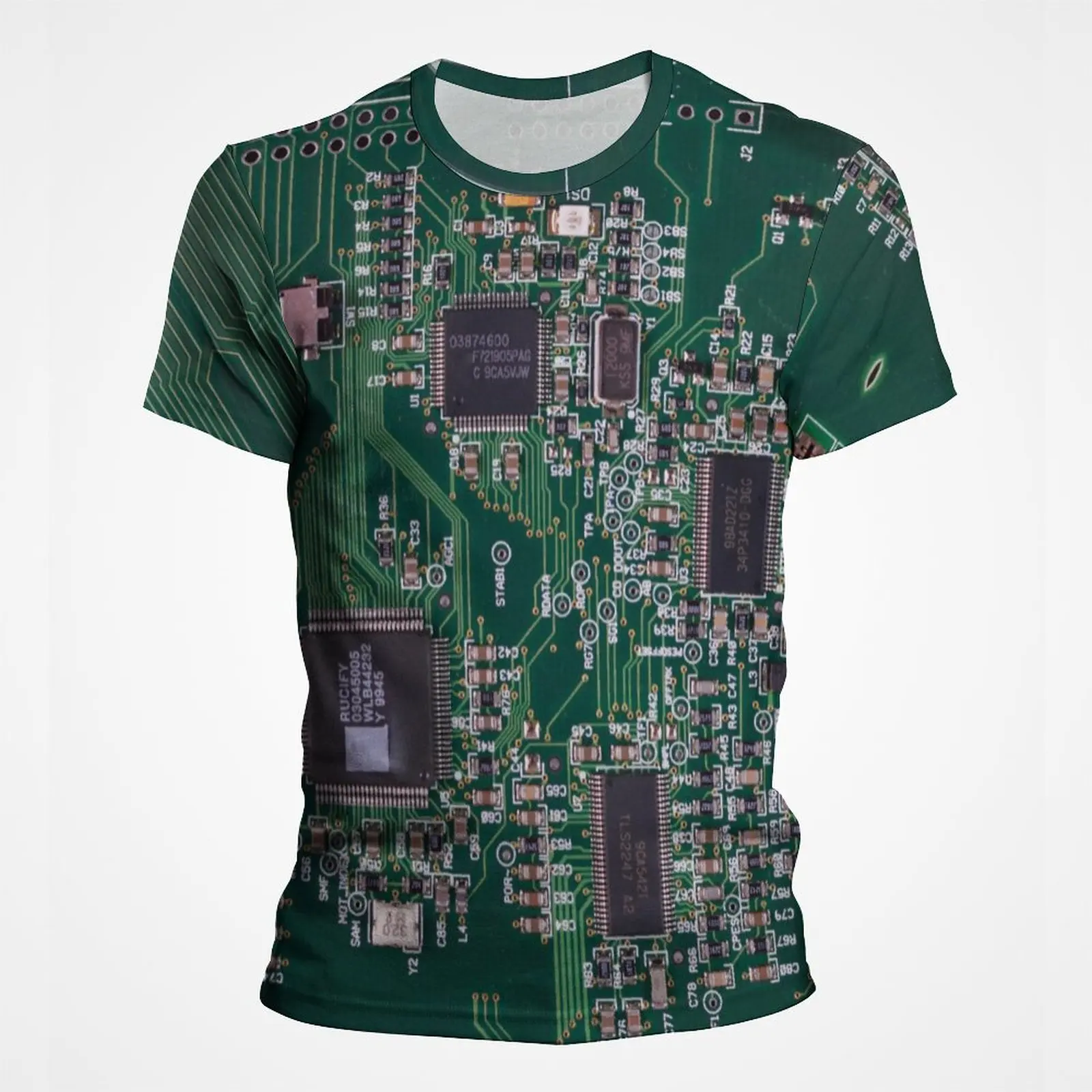 Herren-T-Shirt mit 3D-Leiterplatten-Motiv, realistisches elektronisches Chip-Motherboard-Muster, Kurzarm-T-Shirt im Technologie-Stil, Street-Top