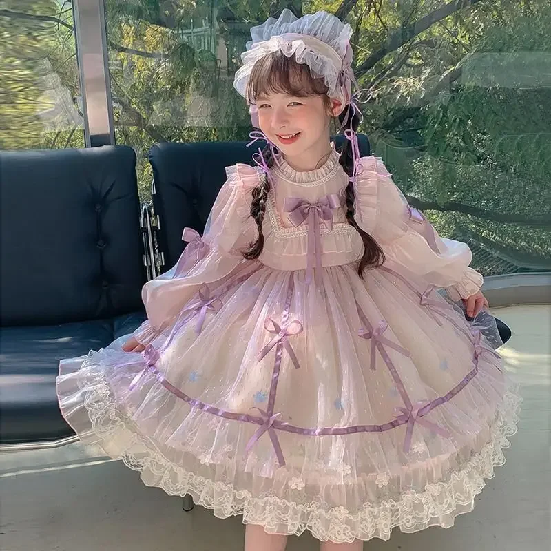 Birthday Party Lolita Sweet Dress Girls Kids Pink-purple Long Sleeve Dress Cute Princess Doll Teen For Girls 2-10Y