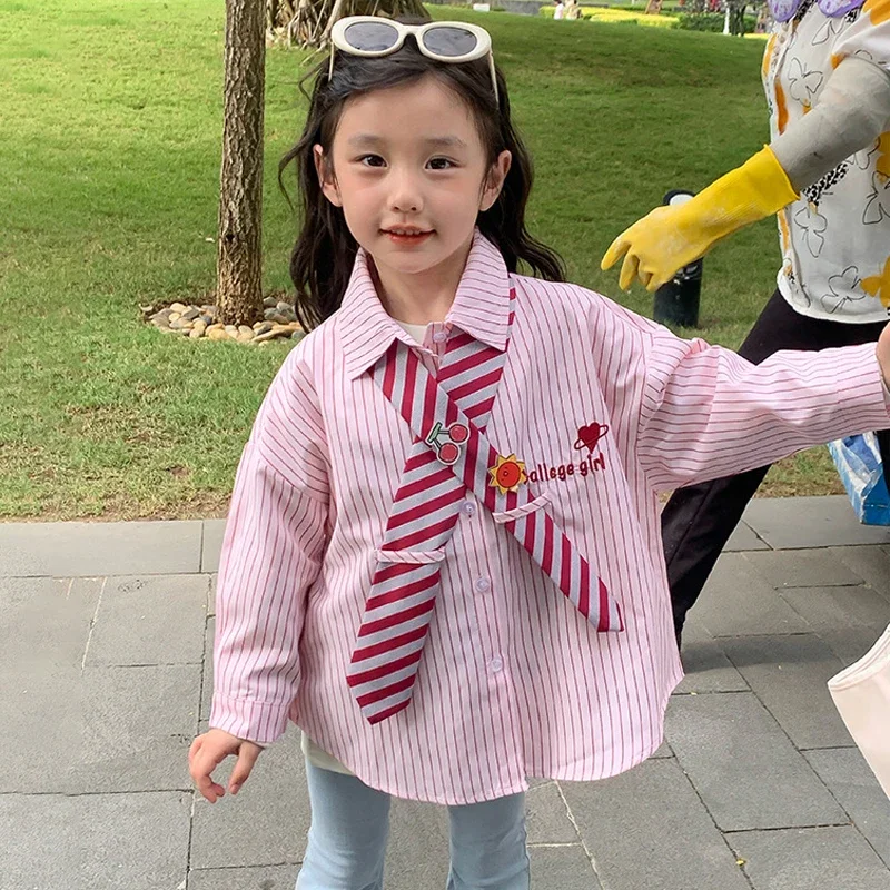 용수철 가을 여아 블라우스,  셔츠,  상의, 어린이 의류, 패션 핑크 줄무늬, 넥타이 레터 2-7 세
