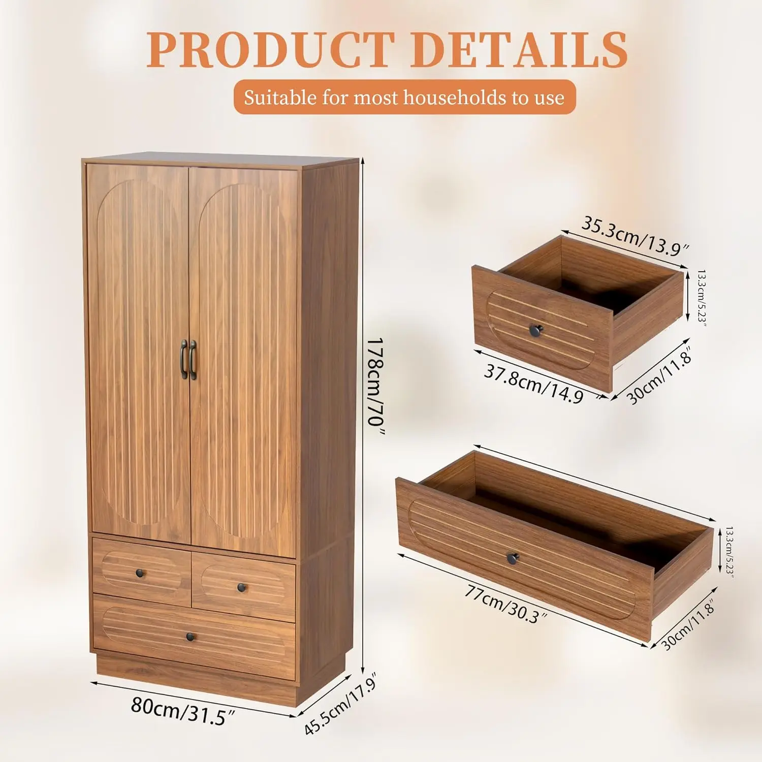 Mid-Century Modern Walnut Armoire w/3 Drawers, Hanging Rod & Shelf - Tall Clothing Storage Cabinet for Bedroom