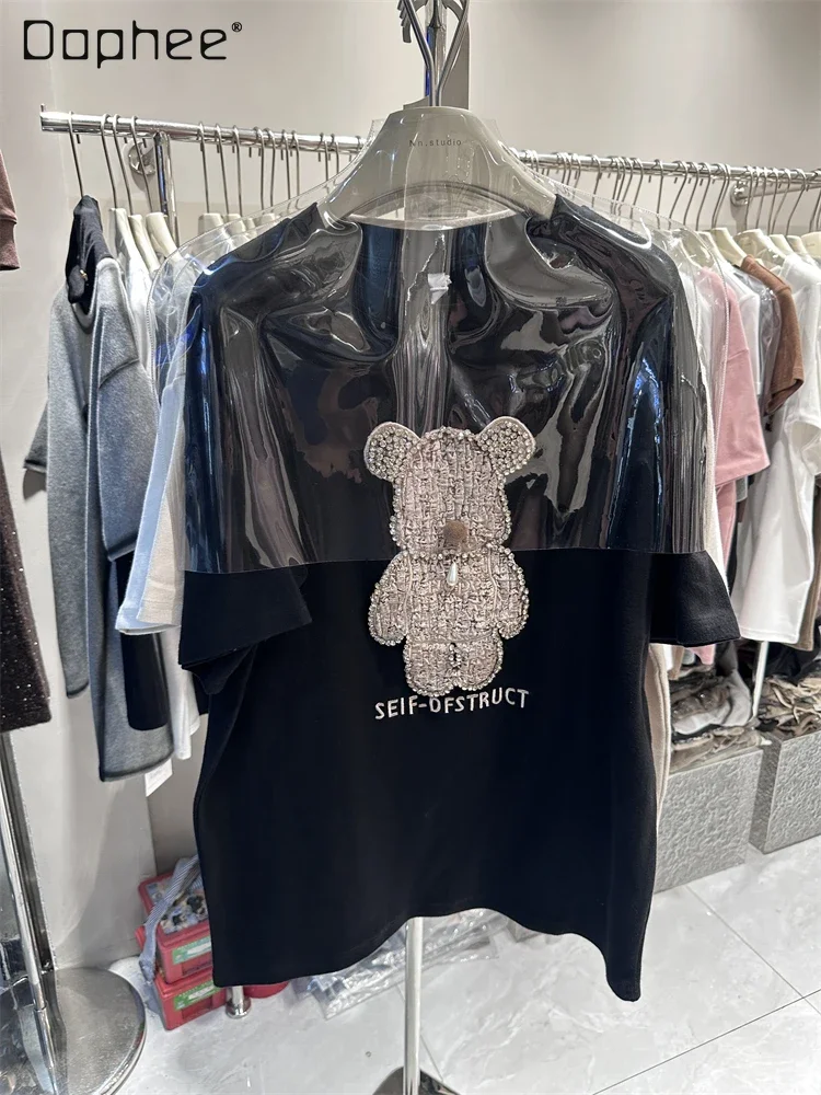 

Winter Thickened Bear Short Sleeve T-shirt Heavy Industry Rhinestone Loose Mid-Length Half-Sleeve Top Women's Bottom Shirt