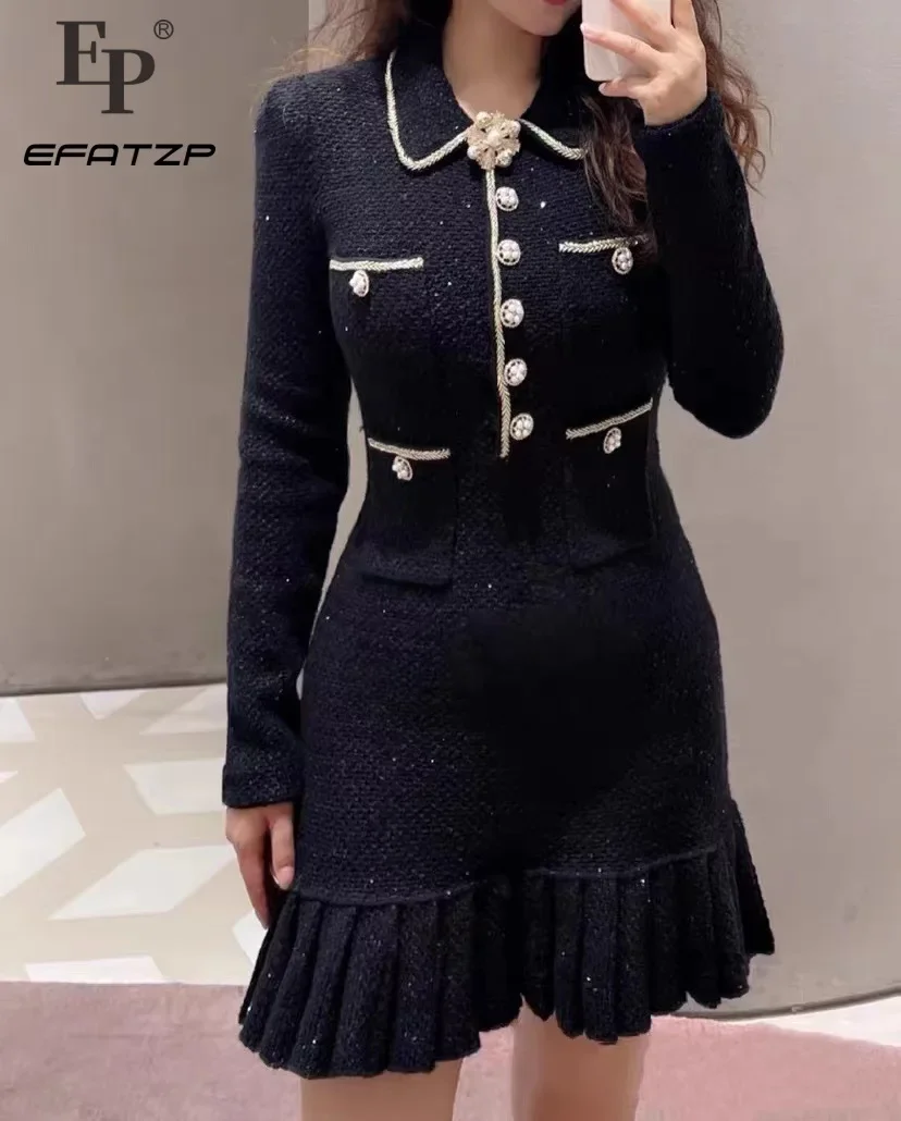

EFATZP Tweed Dress for Women's Rhinestone Buttons Turn Down Collar Long Sleeve Ruffles Hem Elegant Autumn Winter Mini Robe
