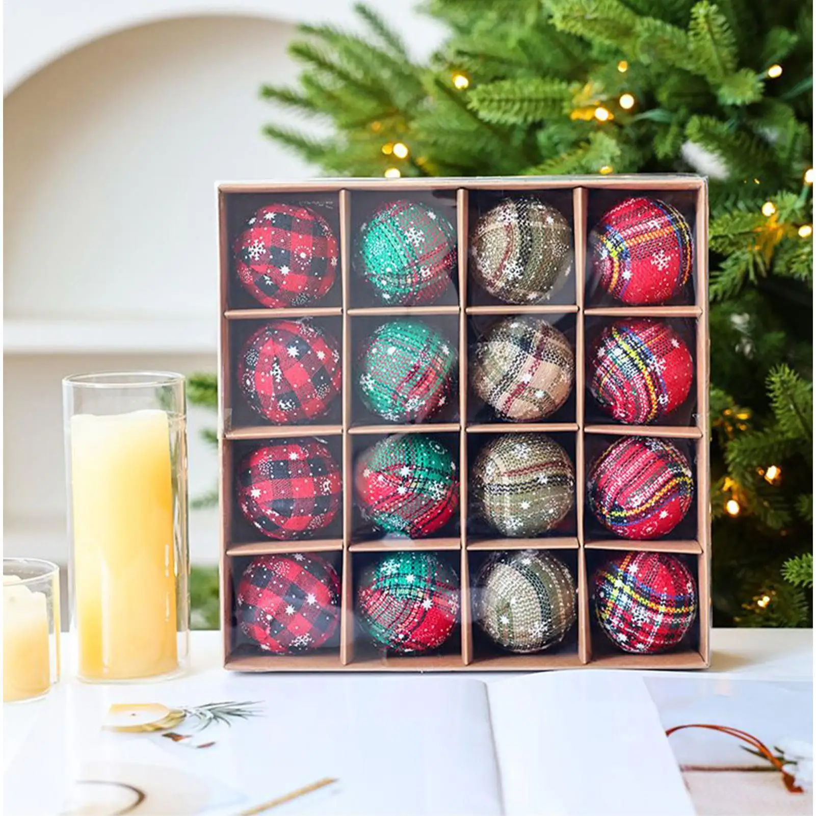 Christmas Tree Ornaments Set 16 Pieces Plaid Fabric Shatterproof Hangable Ornaments Holiday Pendants For Home Living Room