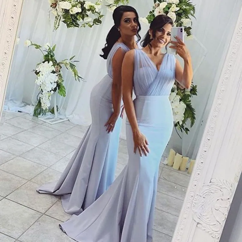 

Light Blue Mermaid Bridesmaid Dress V-Neck 2023 Sexy Sleeveless Maid Of Honor Dress Pleats Backless For Women Robe De Soirée