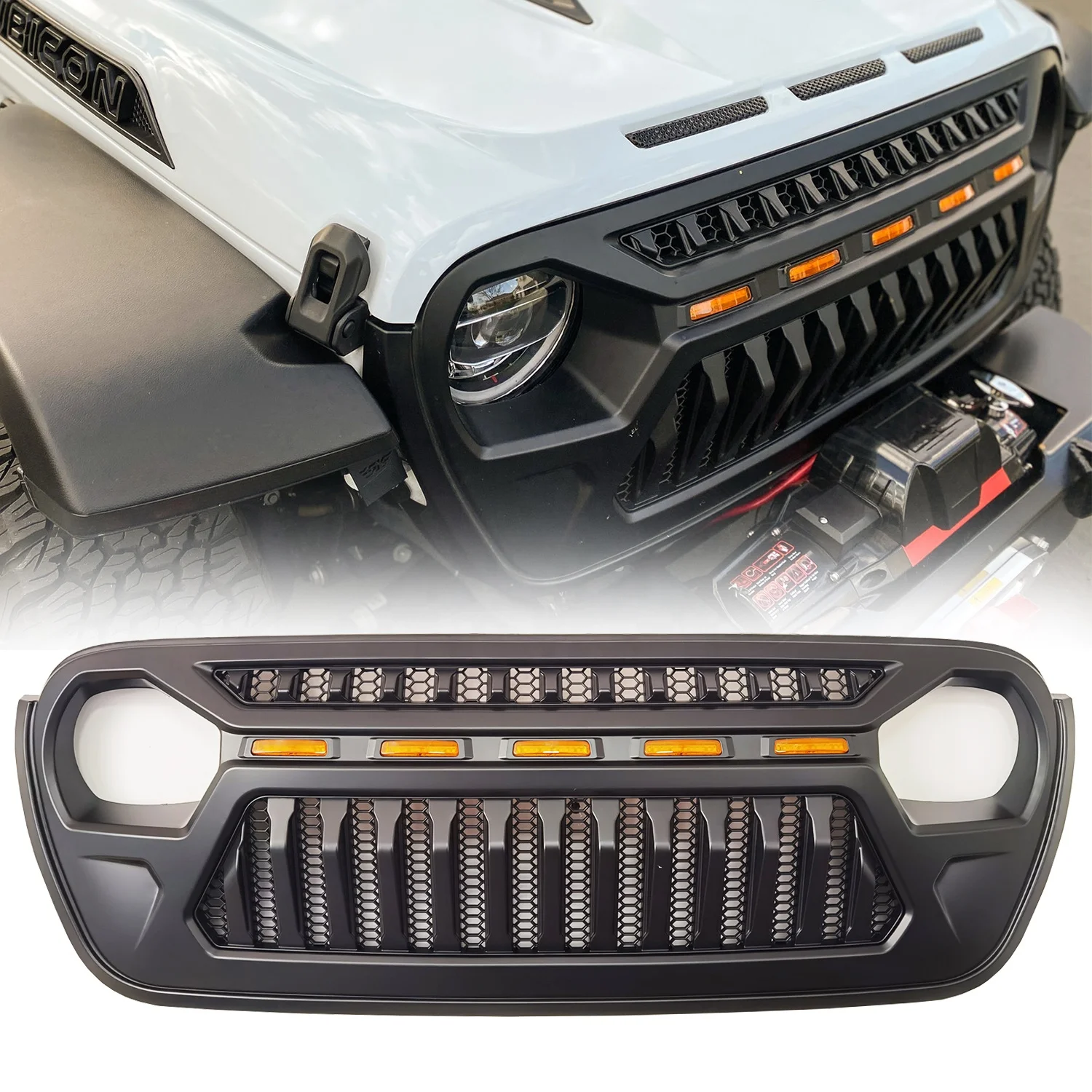 Front Grill Cover Matte Black with Amber LED Running Lights for 2018 and Up Jeep Wrangler JL JLU
