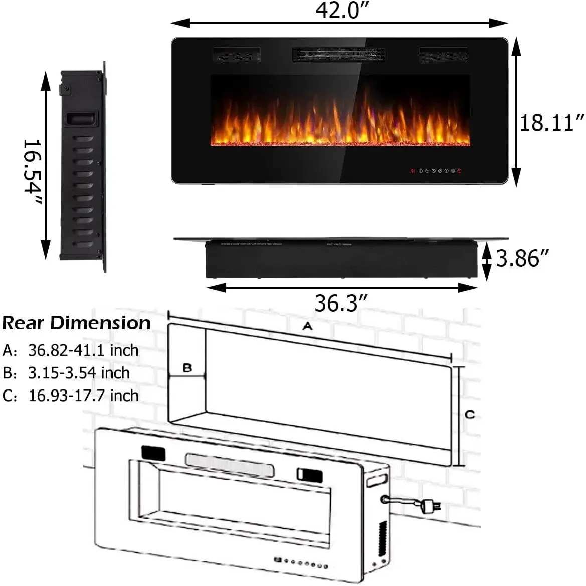 Tangkula-Recessed Fireplace, In-Wall and Wall Mounted Heater, Adjustable Flame Color Speed, 42 in