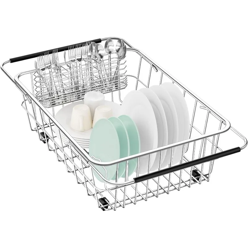 Large Dish Drainer Rack in Sink Adjustable, Expandable 304 Stainless Steel Metal Dish Drying Rack