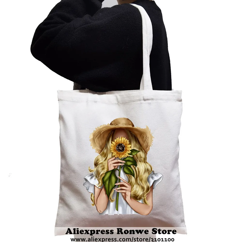 

Sunflower Girl Large-capacity Women Shopping Canvas Tote Bag Lady Reusable Eco Shoulder Student Black Handbags