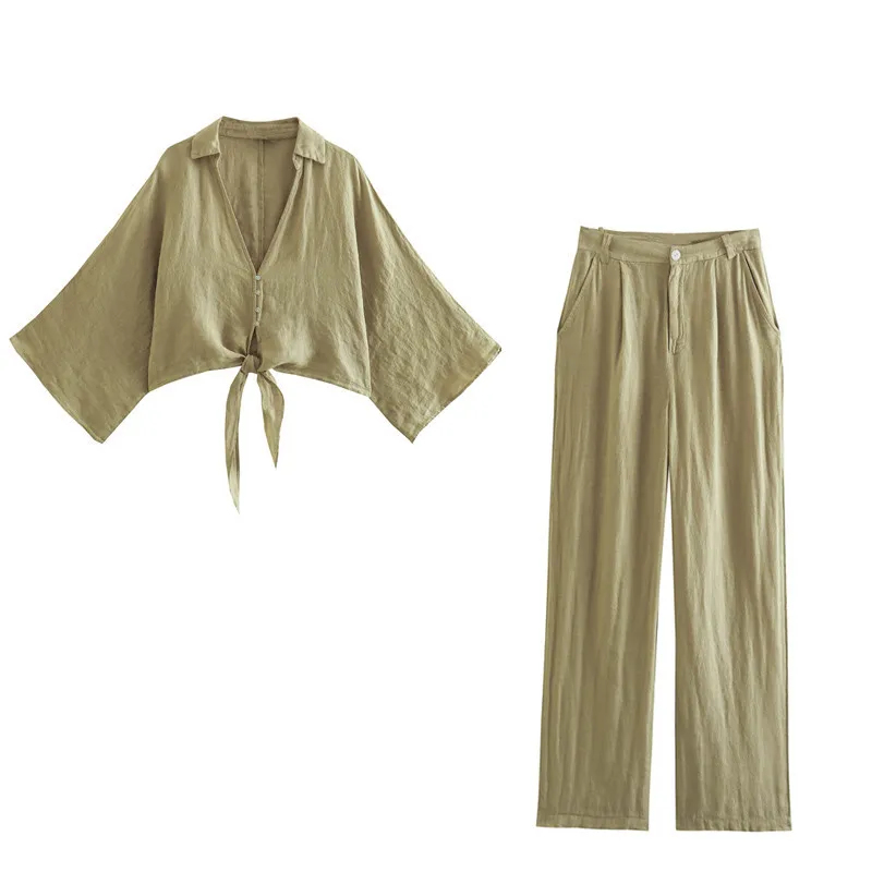 

Fashion Flax Women Loose Shirt Home Suits Buttons Batwing Sleeve Crop Top Female Wide Straight Pants 2 Piece Sets Sleepwear New