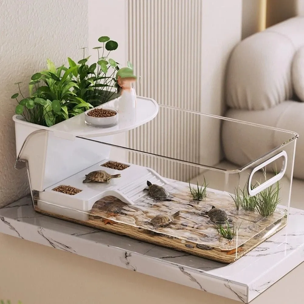 투명 거북이 수조 건습 분리형 일광욕 공간 파충류 테라리움 등반 공간 플라스틱 거북이 사육 상자 서식지