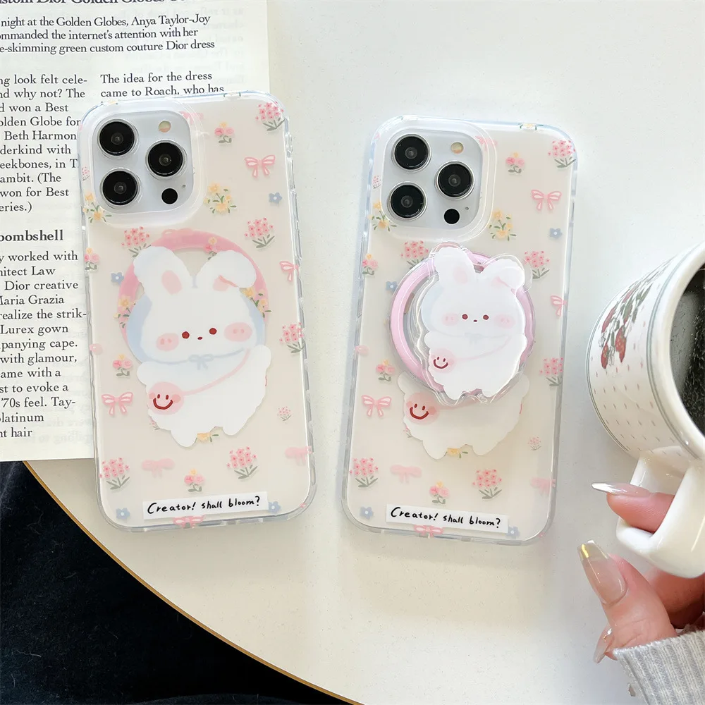 Magnetischer Rucksack mit lächelndem Gesicht, Kaninchen-Handyhülle mit Halterung für iPhone 11, 12, 13, 14, 15, 16 Pro max