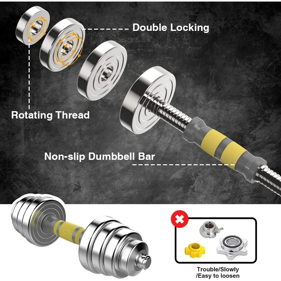 Adjustable Dumbbell Set - 44 LBS weights set, Dumbbell Barbell 3 in 1, Steel Dumbbells Pair with Connecting Rod for Adults Women