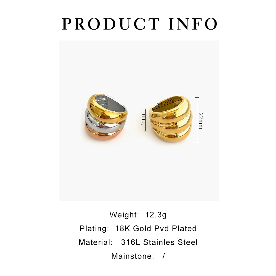 GHIDBK Golden Silver Color Rose Golden 3 Splicing Color Chunky Dome Rings Women Trendy Romantic Waterproof Jewelry Party Gift