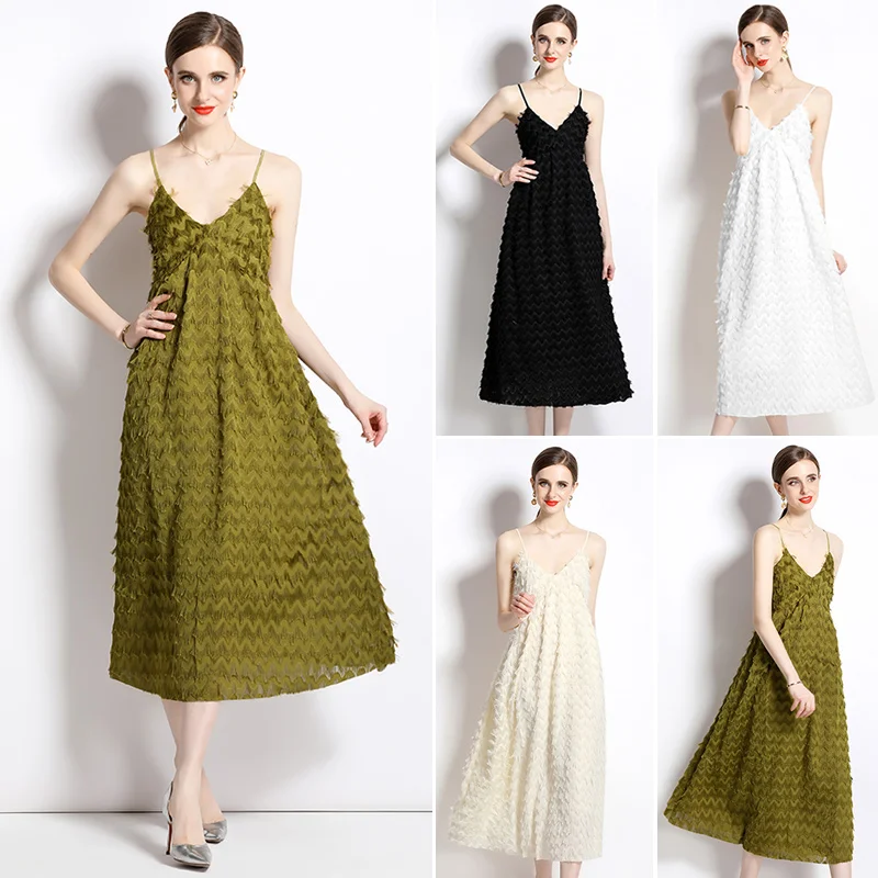 

Summer 2023 New Fringed Slip Bottom Slight Strech Regulai Fit Polyester Mid-Calf A-LINE Spaghetti Strap White Summer Sexy Dress