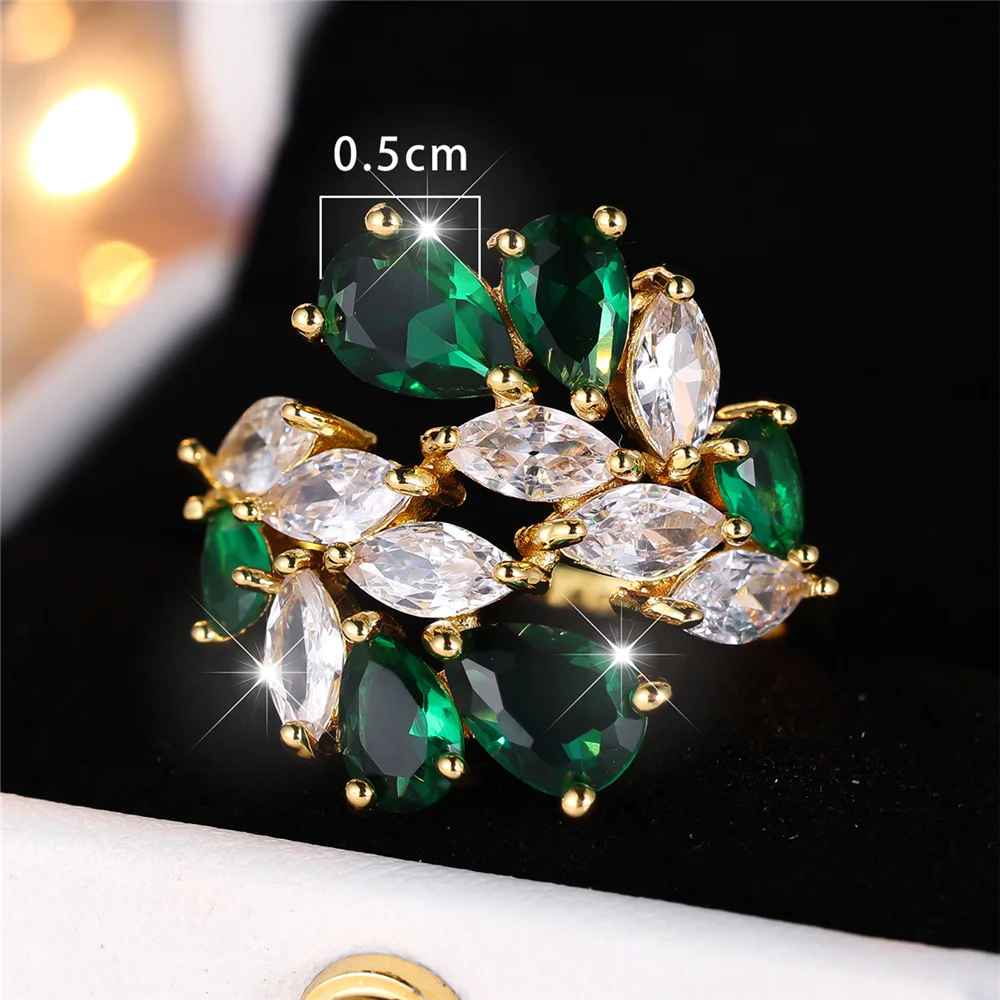 Luxury Female White Green Zircon Stone Water Drop Finger Ring Vintage Gold Color Wedding Band Bridal Jewelry For Women