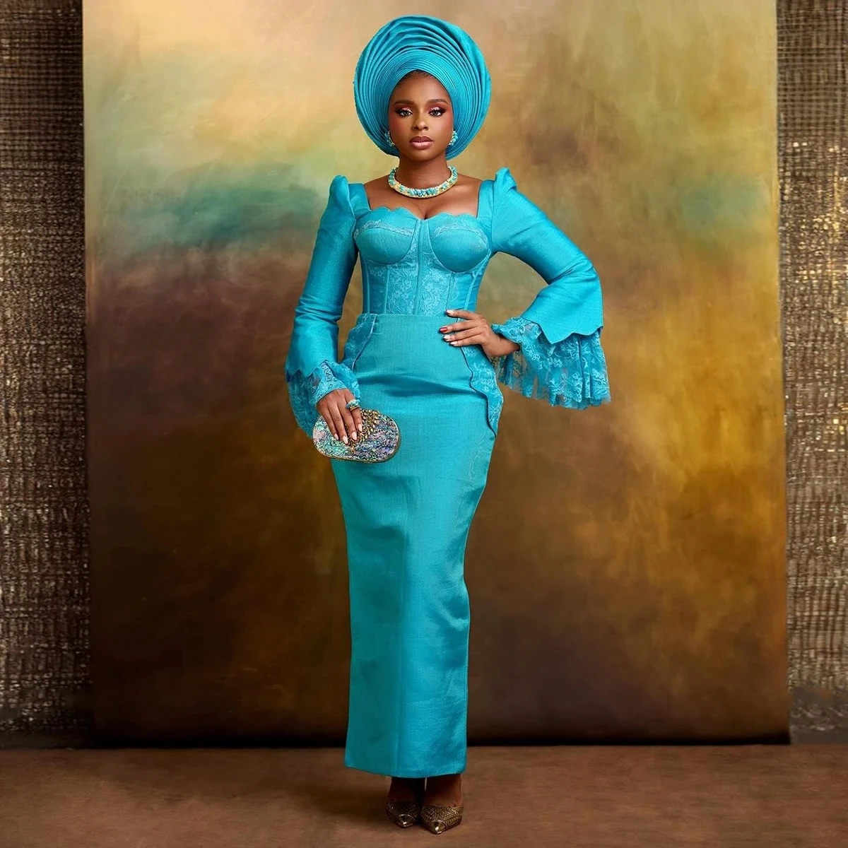 Sky Blue Long Sleeves Lace African Wedding Gown Traditional Bridal Dress Elegance Black Women Formal Party Dresses Aso Ebi 2025