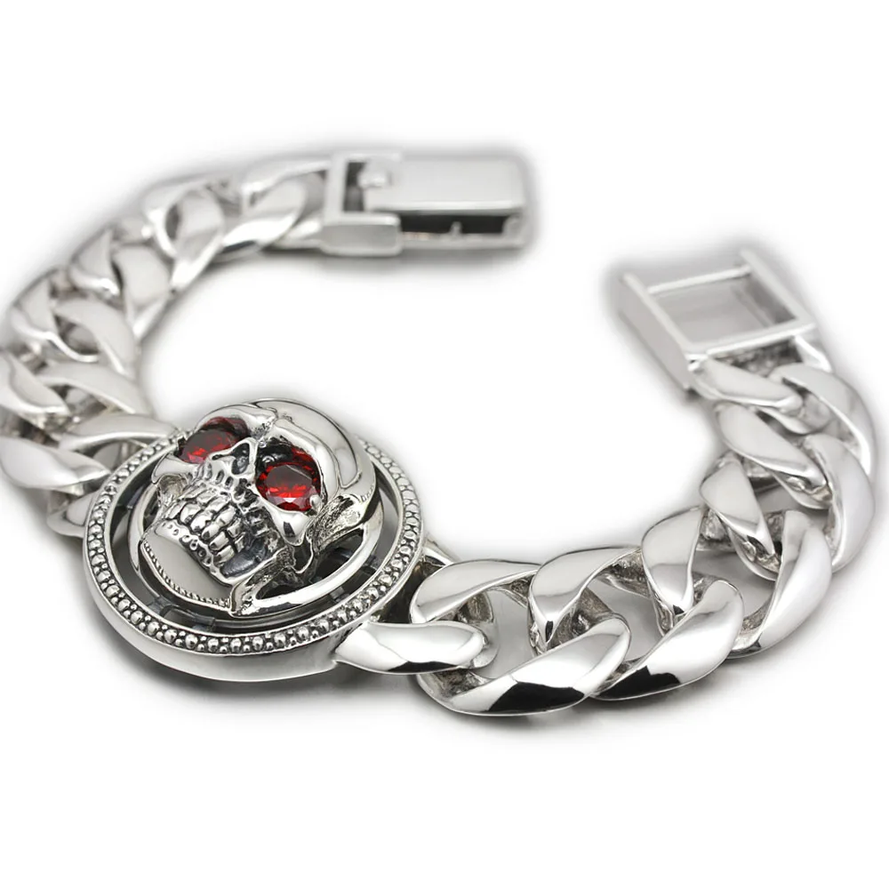 

Red CZ Eyes Skull 925 Sterling Silver Huge Rotatable Bracelet 8F010